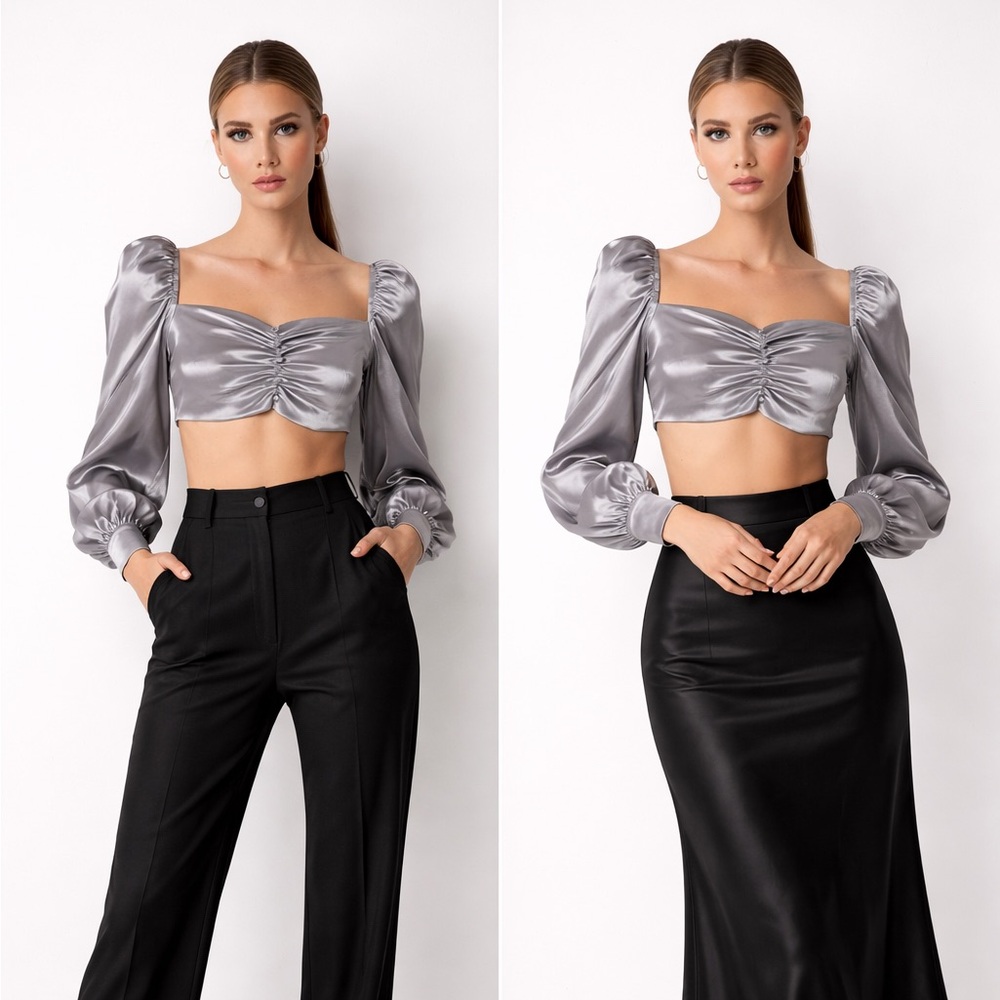 Studio F Champagne Satin Ruched Crop Top NWOT Size L